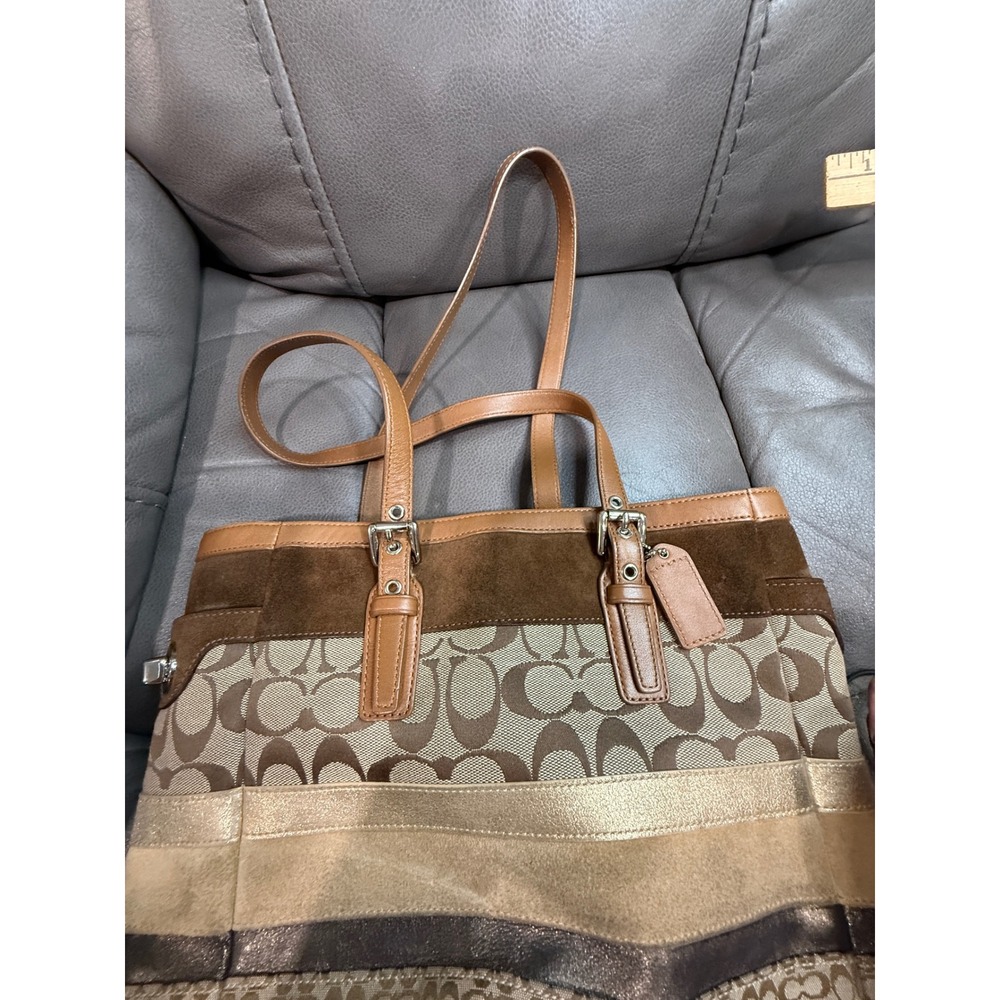 Coach Hampton Stripe Signature Jacquard Suede Leather Tote Bag Brown F11529 - Picture 8 of 8